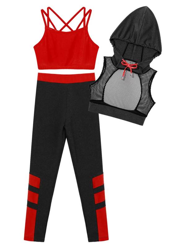 Kids Girls 3Pcs Camisole Mesh Hooded Crop Top and Pants Sport Sets thumb