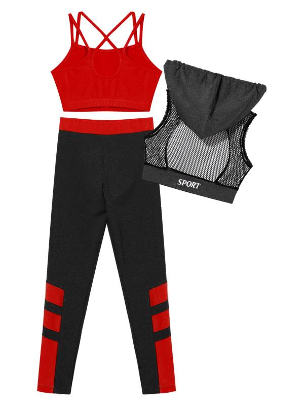 Kids Girls 3Pcs Camisole Mesh Hooded Crop Top and Pants Sport Sets thumb