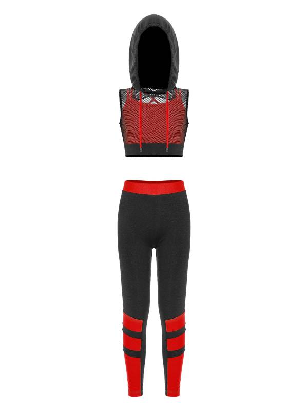 Kids Girls 3Pcs Camisole Mesh Hooded Crop Top and Pants Sport Sets thumb