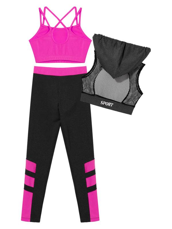 Kids Girls 3Pcs Camisole Mesh Hooded Crop Top and Pants Sport Sets thumb