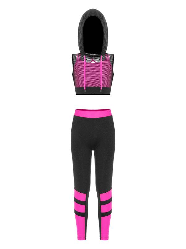 Kids Girls 3Pcs Camisole Mesh Hooded Crop Top and Pants Sport Sets thumb