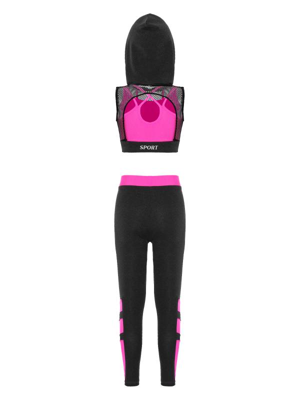 Kids Girls 3Pcs Camisole Mesh Hooded Crop Top and Pants Sport Sets thumb
