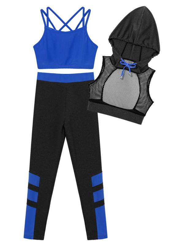 Kids Girls 3Pcs Camisole Mesh Hooded Crop Top and Pants Sport Sets thumb