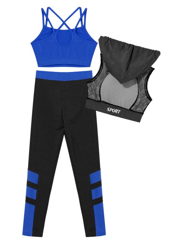 Kids Girls 3Pcs Camisole Mesh Hooded Crop Top and Pants Sport Sets thumb