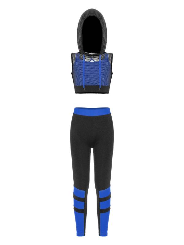 Kids Girls 3Pcs Camisole Mesh Hooded Crop Top and Pants Sport Sets thumb
