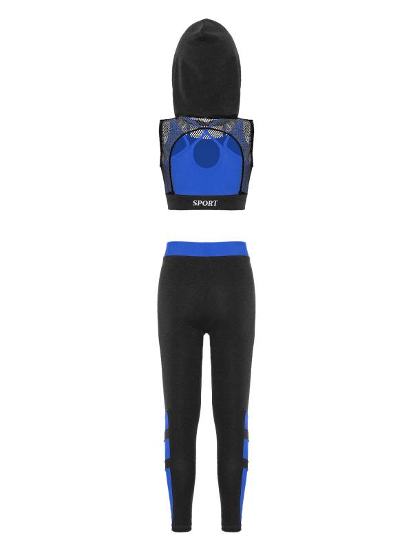 Kids Girls 3Pcs Camisole Mesh Hooded Crop Top and Pants Sport Sets thumb