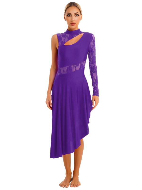 Women One Shoulder Lace and Mesh Side Slit Lyrical Dresses thumb