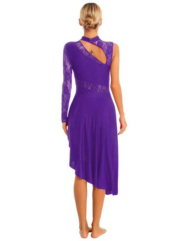 Women One Shoulder Lace and Mesh Side Slit Lyrical Dresses thumb