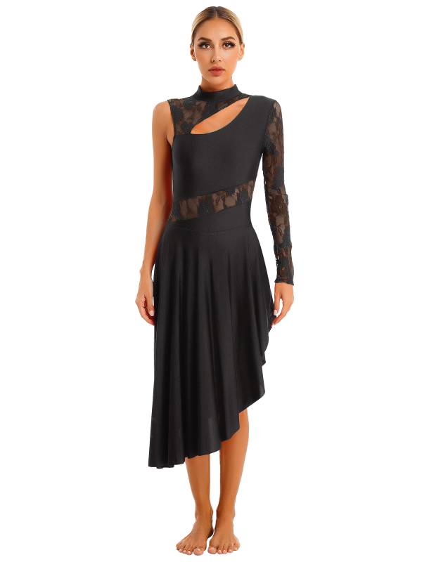Women One Shoulder Lace and Mesh Side Slit Lyrical Dresses thumb