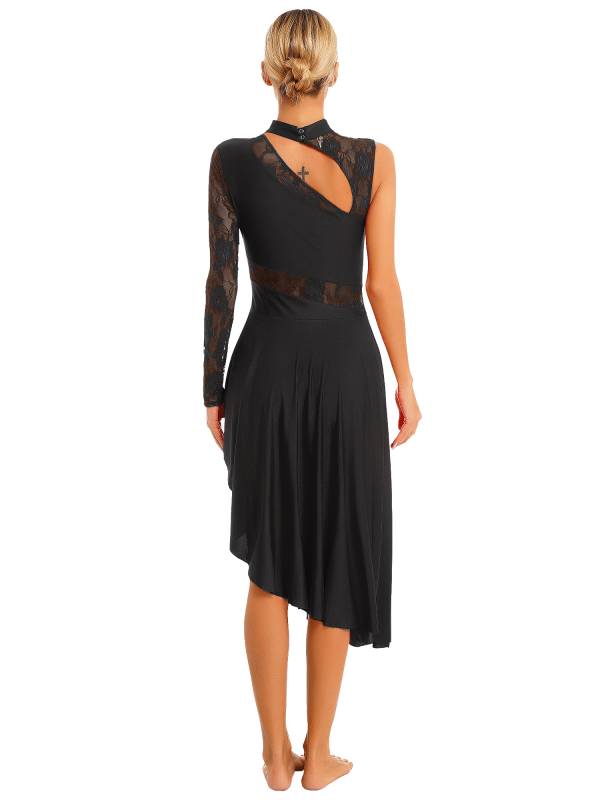 Women One Shoulder Lace and Mesh Side Slit Lyrical Dresses thumb