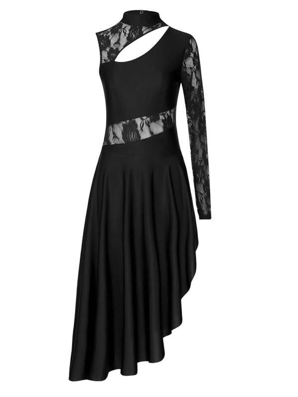 Women One Shoulder Lace and Mesh Side Slit Lyrical Dresses thumb