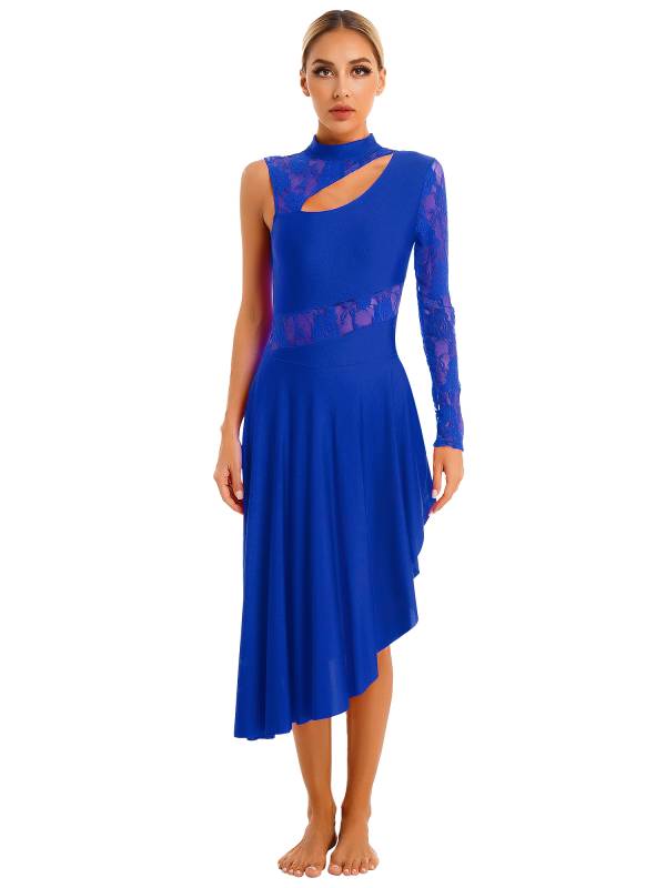Women One Shoulder Lace and Mesh Side Slit Lyrical Dresses thumb
