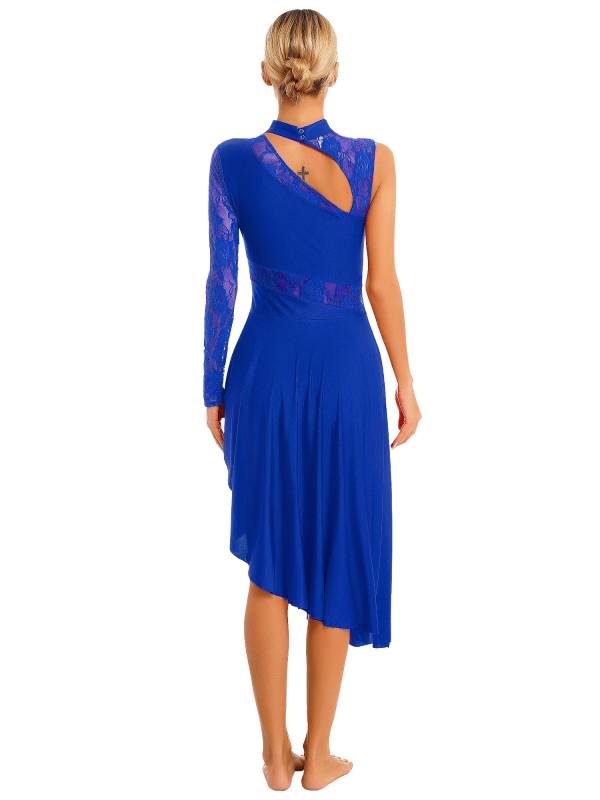 Women One Shoulder Lace and Mesh Side Slit Lyrical Dresses thumb