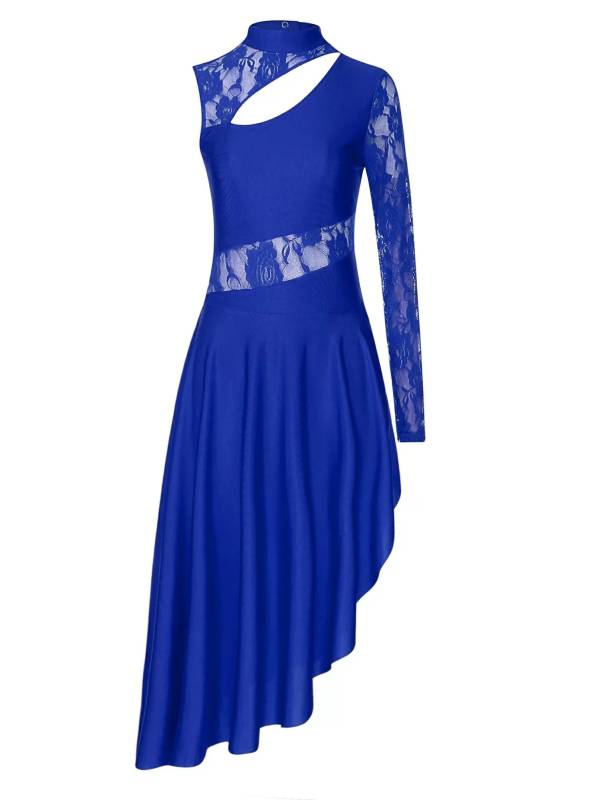 Women One Shoulder Lace and Mesh Side Slit Lyrical Dresses thumb