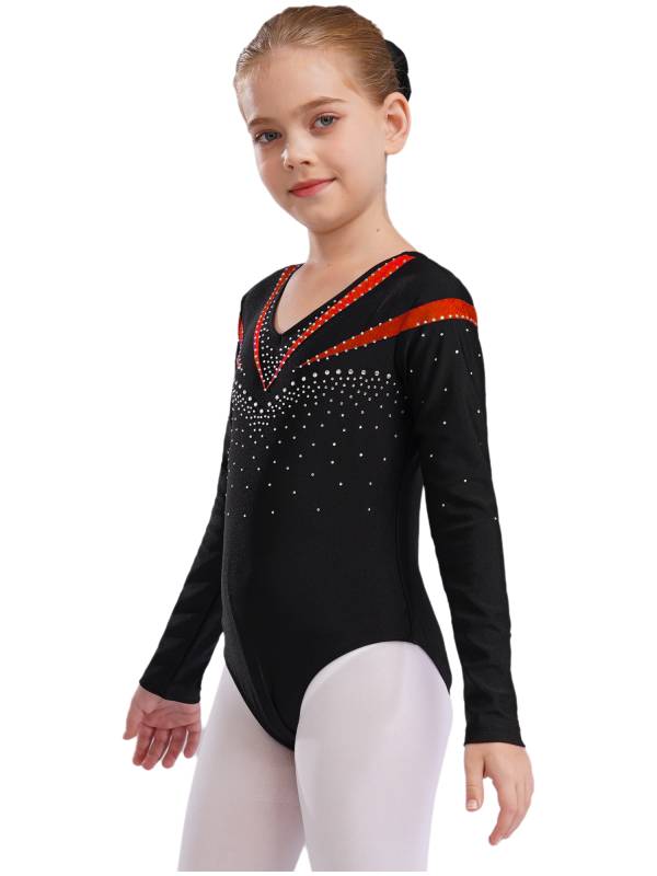 Kids Girls Long Sleeve V Neck Rhinestone Gymnastic Leotard thumb