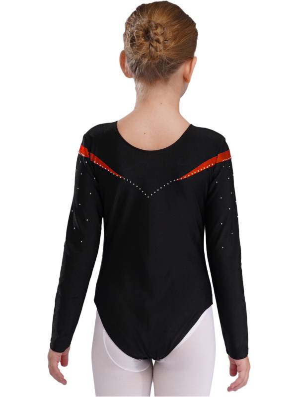 Kids Girls Long Sleeve V Neck Rhinestone Gymnastic Leotard thumb
