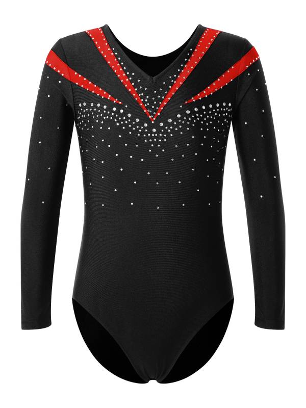 Kids Girls Long Sleeve V Neck Rhinestone Gymnastic Leotard thumb