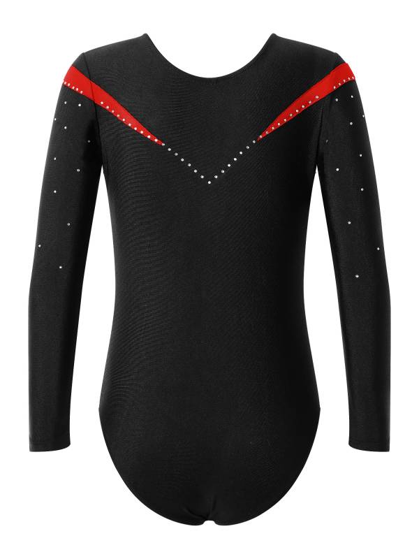 Kids Girls Long Sleeve V Neck Rhinestone Gymnastic Leotard thumb