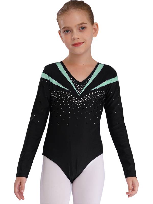 Kids Girls Long Sleeve V Neck Rhinestone Gymnastic Leotard thumb
