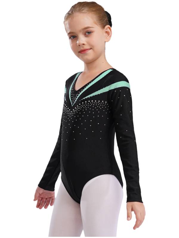 Kids Girls Long Sleeve V Neck Rhinestone Gymnastic Leotard thumb
