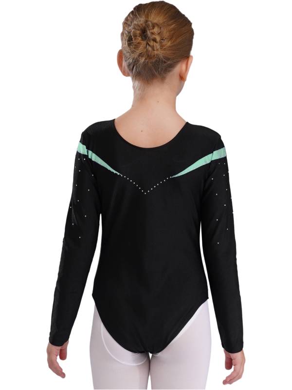 Kids Girls Long Sleeve V Neck Rhinestone Gymnastic Leotard thumb