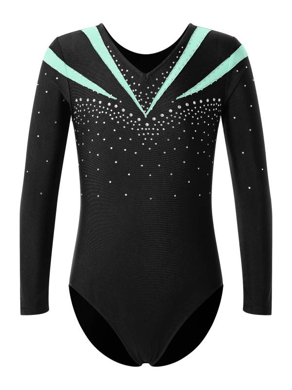 Kids Girls Long Sleeve V Neck Rhinestone Gymnastic Leotard thumb