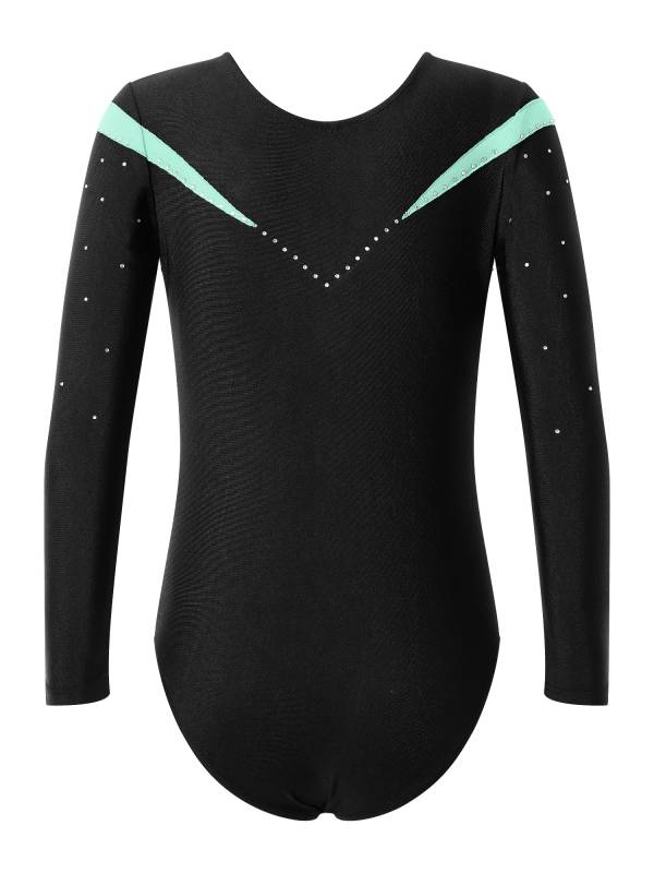 Kids Girls Long Sleeve V Neck Rhinestone Gymnastic Leotard thumb
