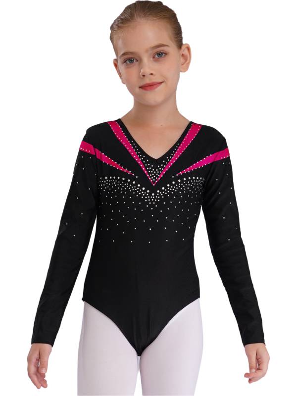 Kids Girls Long Sleeve V Neck Rhinestone Gymnastic Leotard thumb