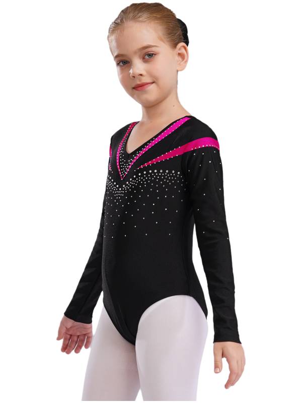 Kids Girls Long Sleeve V Neck Rhinestone Gymnastic Leotard thumb