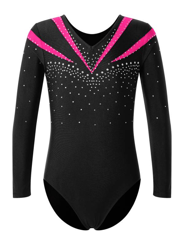 Kids Girls Long Sleeve V Neck Rhinestone Gymnastic Leotard thumb