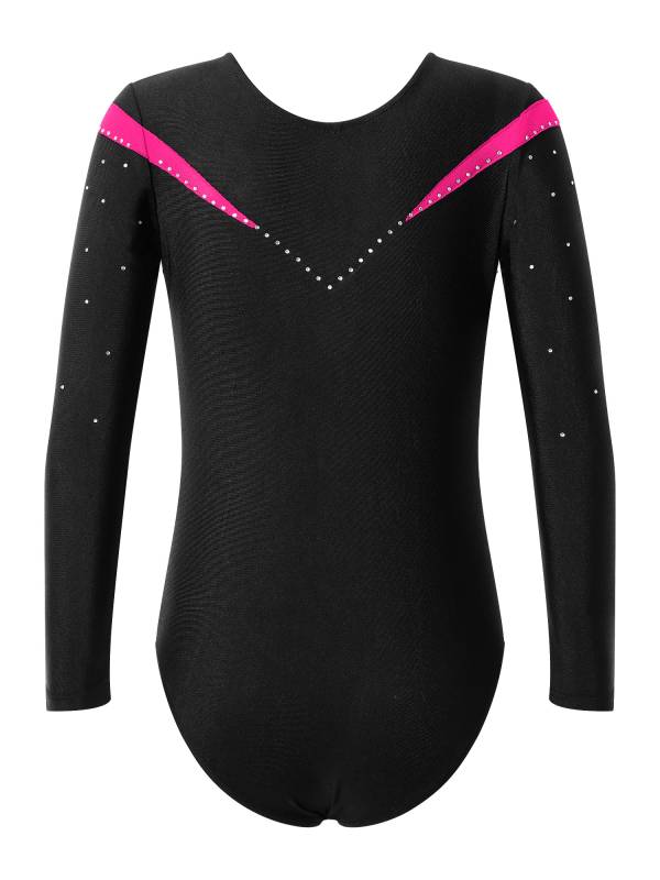 Kids Girls Long Sleeve V Neck Rhinestone Gymnastic Leotard thumb