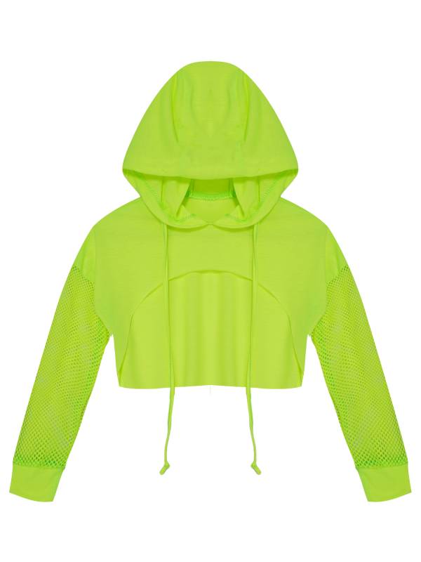 Kids Girls Drawstring Hooded Crop Top Mesh Sleeve Hoodie thumb