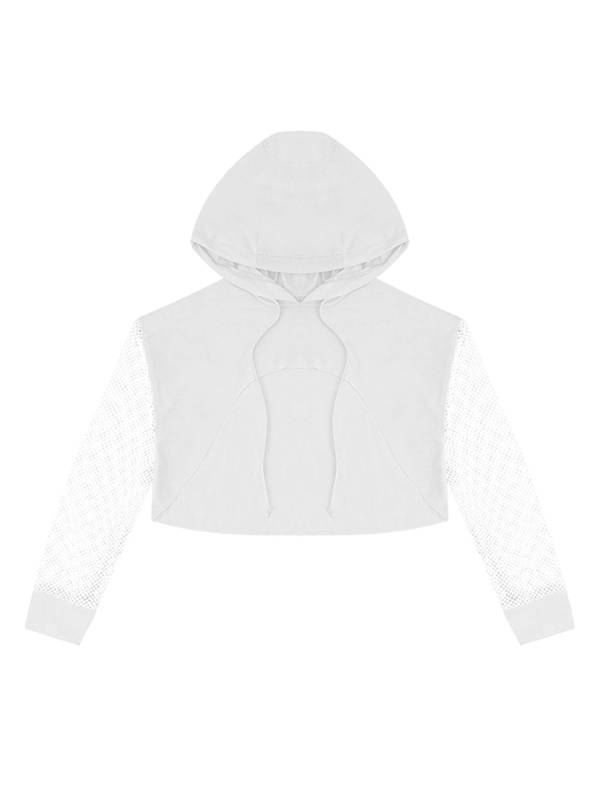 Kids Girls Drawstring Hooded Crop Top Mesh Sleeve Hoodie thumb