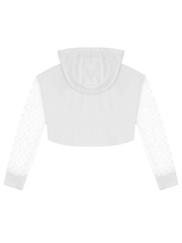 Kids Girls Drawstring Hooded Crop Top Mesh Sleeve Hoodie thumb