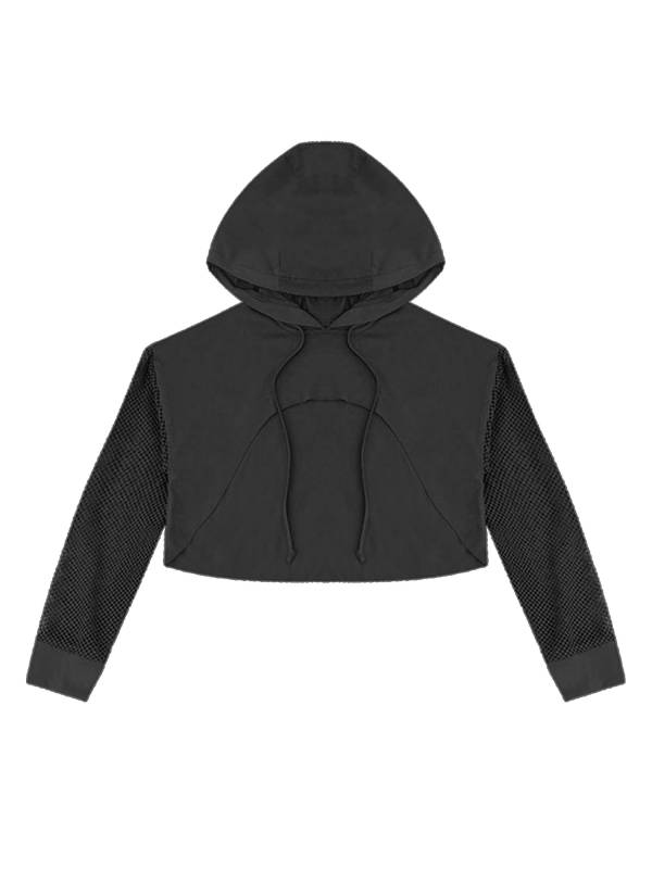 Kids Girls Drawstring Hooded Crop Top Mesh Sleeve Hoodie thumb