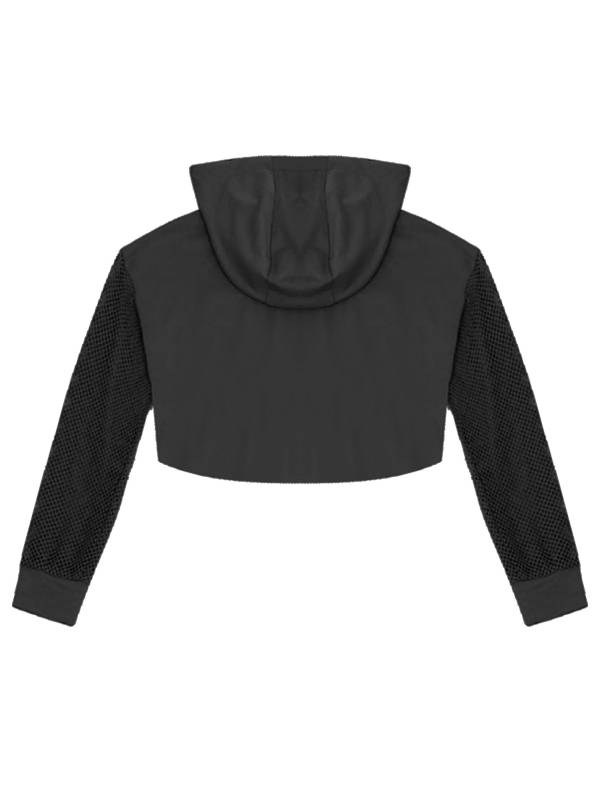 Kids Girls Drawstring Hooded Crop Top Mesh Sleeve Hoodie thumb