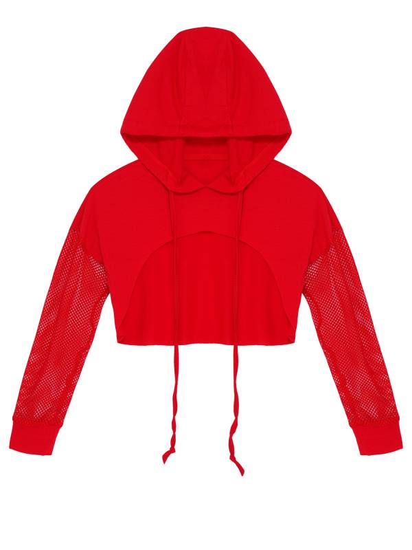 Kids Girls Drawstring Hooded Crop Top Mesh Sleeve Hoodie thumb