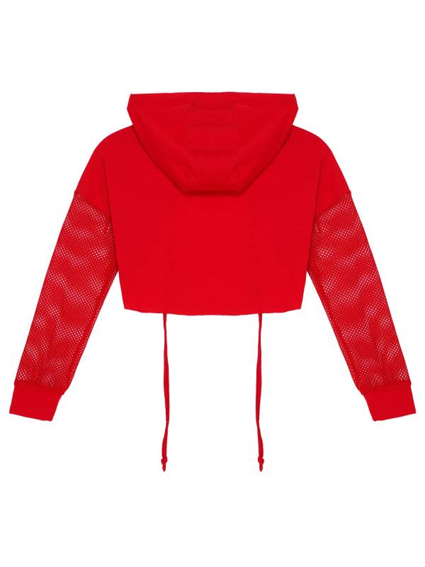 Kids Girls Drawstring Hooded Crop Top Mesh Sleeve Hoodie thumb