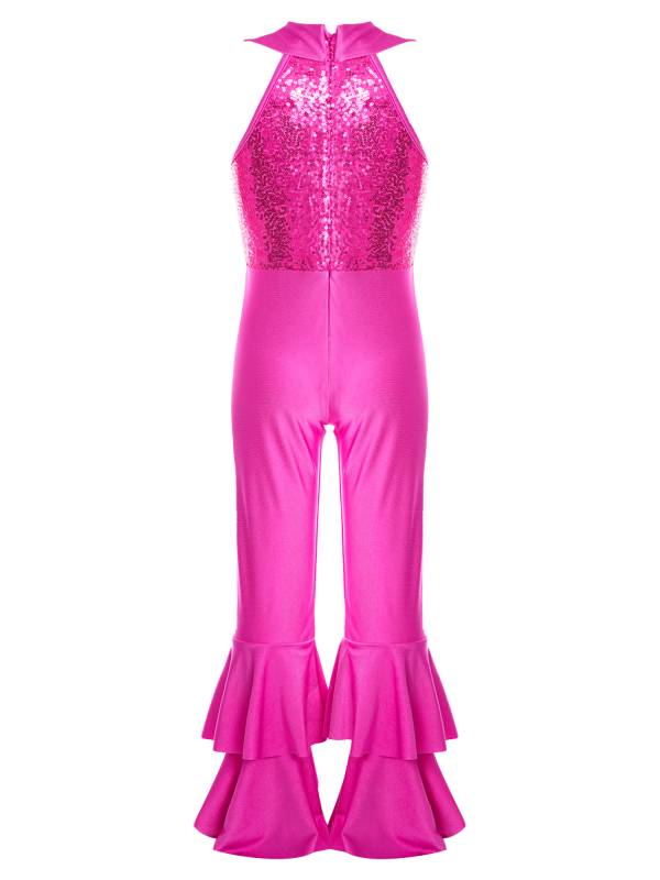 Kids Girls Sleeveless Sequins Tiered Bell-bottom Jazz Dance Unitards thumb
