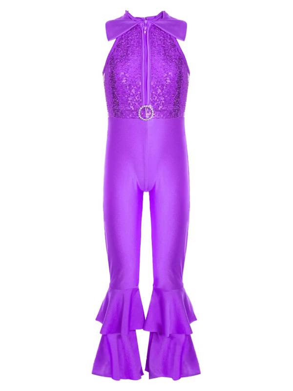 Kids Girls Sleeveless Sequins Tiered Bell-bottom Jazz Dance Unitards thumb