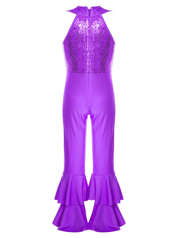 Kids Girls Sleeveless Sequins Tiered Bell-bottom Jazz Dance Unitards thumb
