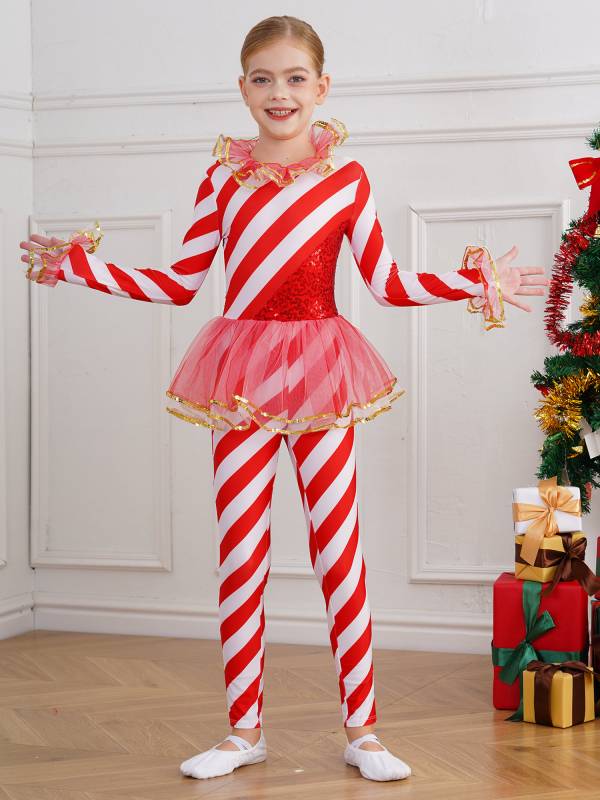 Kids Girls Christmas Long Sleeve Sequin Stripe Mesh Jumpsuit thumb