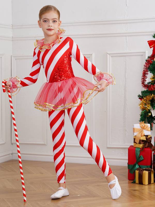 Kids Girls Christmas Long Sleeve Sequin Stripe Mesh Jumpsuit thumb