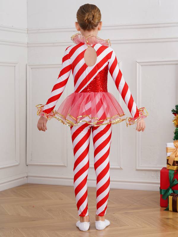Kids Girls Christmas Long Sleeve Sequin Stripe Mesh Jumpsuit thumb