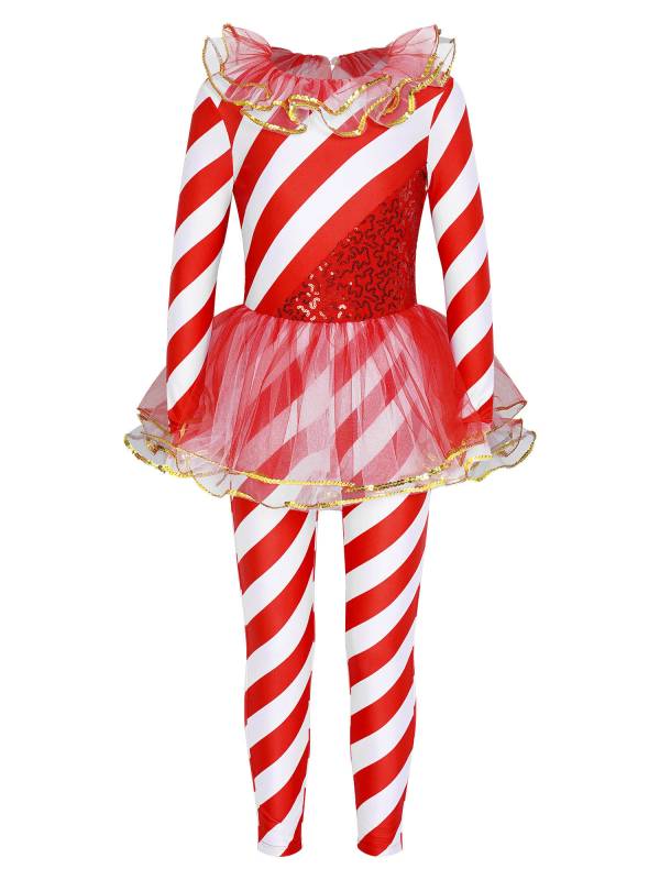 Kids Girls Christmas Long Sleeve Sequin Stripe Mesh Jumpsuit thumb