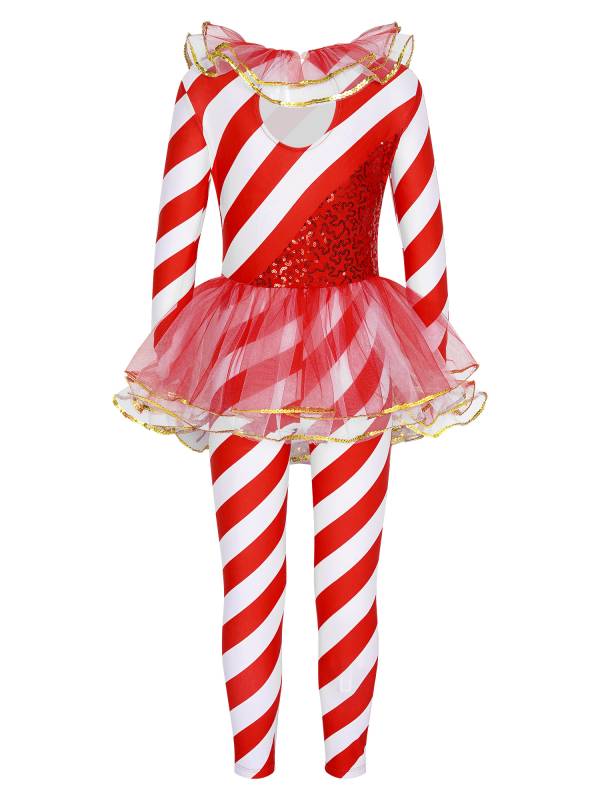 Kids Girls Christmas Long Sleeve Sequin Stripe Mesh Jumpsuit thumb