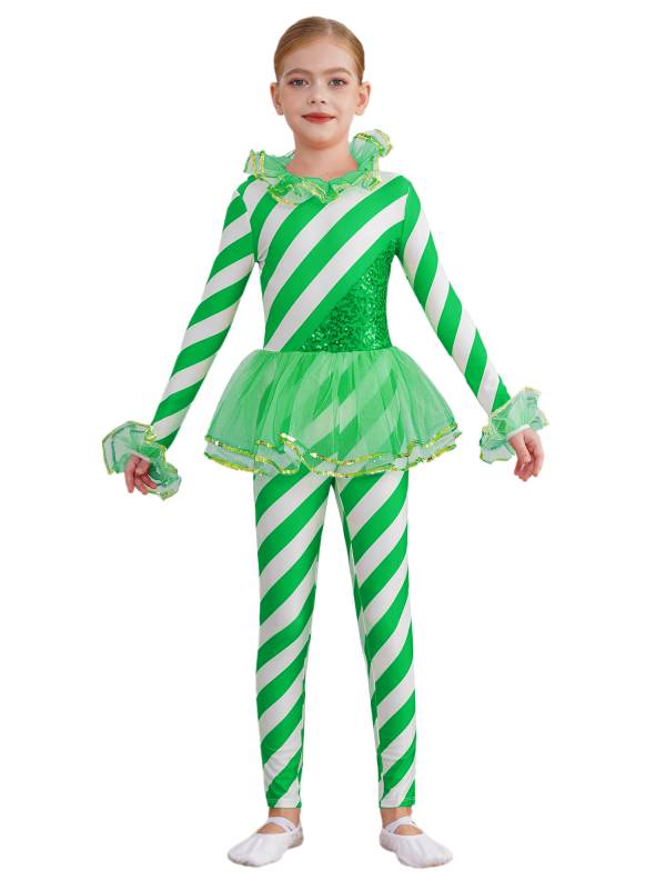 Kids Girls Christmas Long Sleeve Sequin Stripe Mesh Jumpsuit thumb