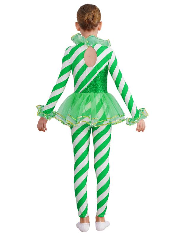 Kids Girls Christmas Long Sleeve Sequin Stripe Mesh Jumpsuit thumb
