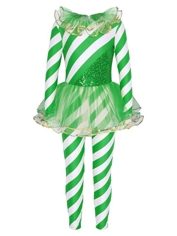Kids Girls Christmas Long Sleeve Sequin Stripe Mesh Jumpsuit thumb