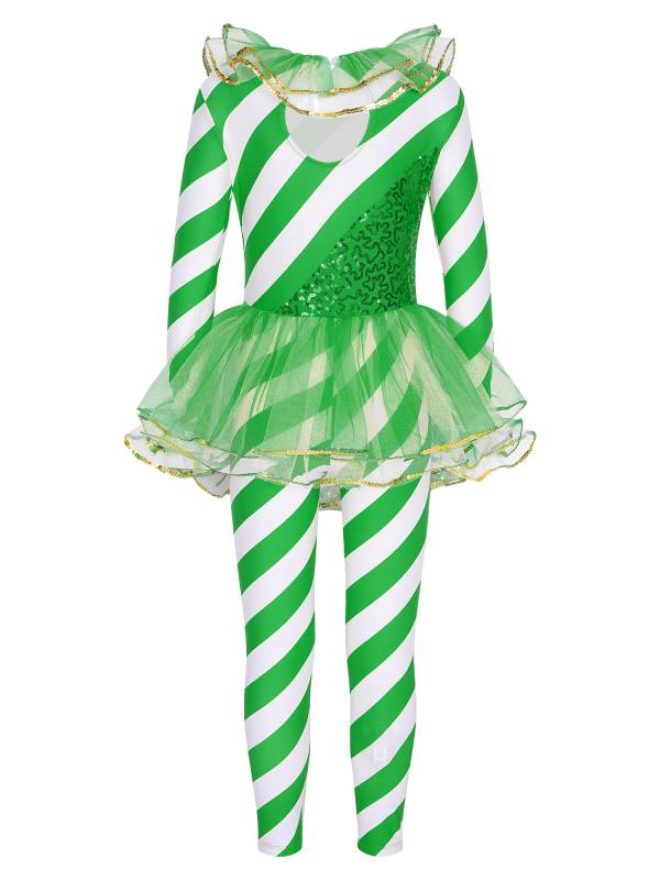 Kids Girls Christmas Long Sleeve Sequin Stripe Mesh Jumpsuit thumb